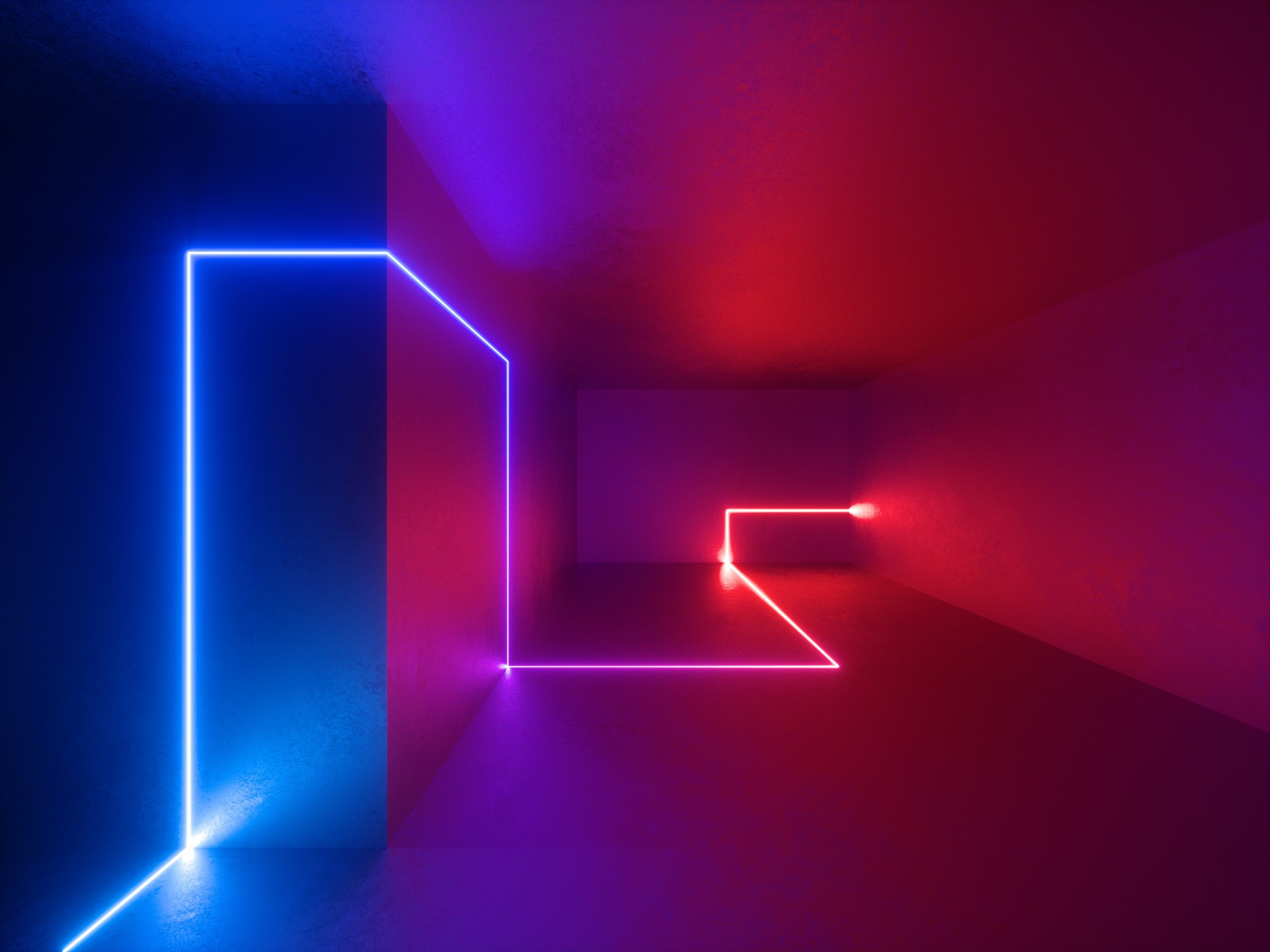 3D Render leuchtet rot blau Neon indoor, virtuelle Realität, leuchtende Linien, abstrakte psychedelische Hintergrund, leuchtende Farben